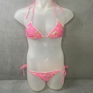 AGUA DOCE Brazilian 2-pc Bikini Size Small Pink Flowers Lace Trim Hip Tie